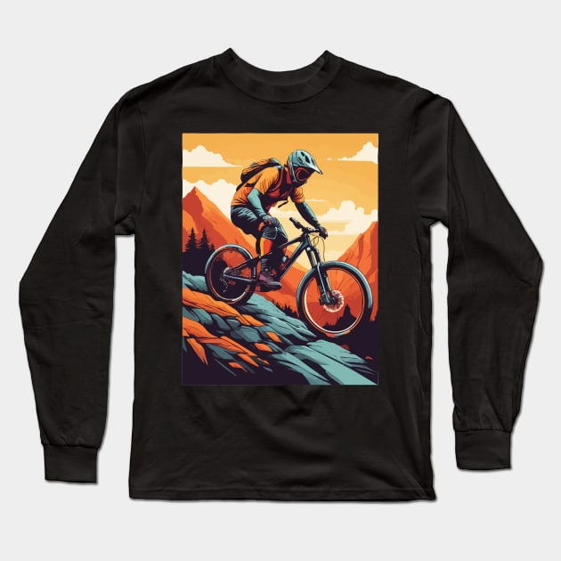 Downhill Mountain Biker Painting Long Sleeve T-Shirt by TomFrontierArt